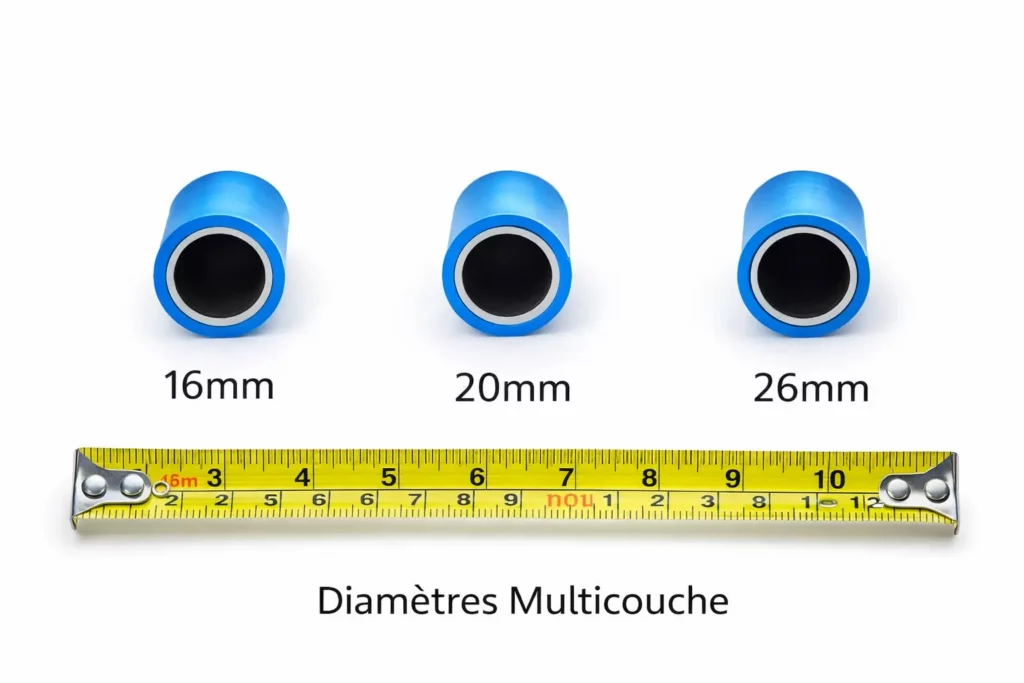 Sections de tubes multicouche PEX-AL-PEX montrant les diamètres 16mm, 20mm et 26mm couramment utilisés pour l'eau chaude et froide.